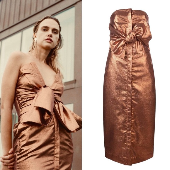 Kamperett Vuelo Copper Jacquard Strapless Dress - Picture 1 of 13